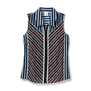 Cabi Blue + Red Chevron Striped Floral Print Zip Up Collared Blouse Large